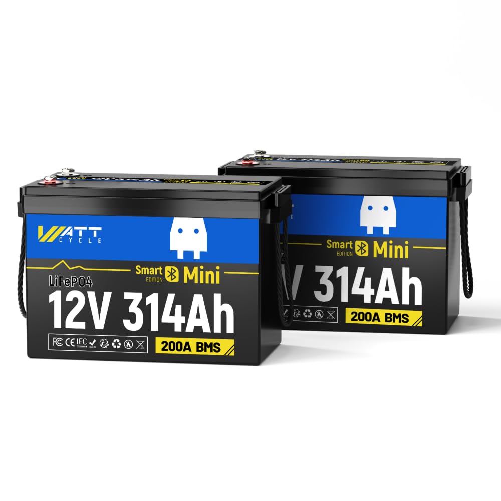 Pack de 2 Wattcycle Batteries Lithium 12V 314Ah LiFePO4 Bluetooth, Batteries Décharge Lente avec BMS 200A et Protection Anti-Froid, pour Solaire, Camping-Car et Marine