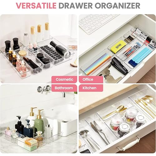 Image of UCRAVO 9Pcs Clear Plastic Drawer Organizer Set Clear Plastic Desk Drawer Dividers Trays Dresser Storage Bins Separation Box for Makeup, storage, jewelry and Gadgets, Bedroom, Bathroom, Office
