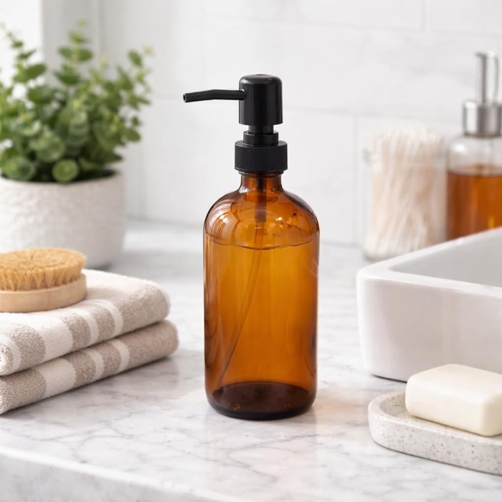 Whizzo Premium Glass Soap Dispenser Bottle with Durable ABS Pump | Refillable Liquid Soap, Handwash, Shampoo & Lotion Dispenser | Leakproof Bathroom & Kitchen Use (LD-043, Amber Glass)-image-22