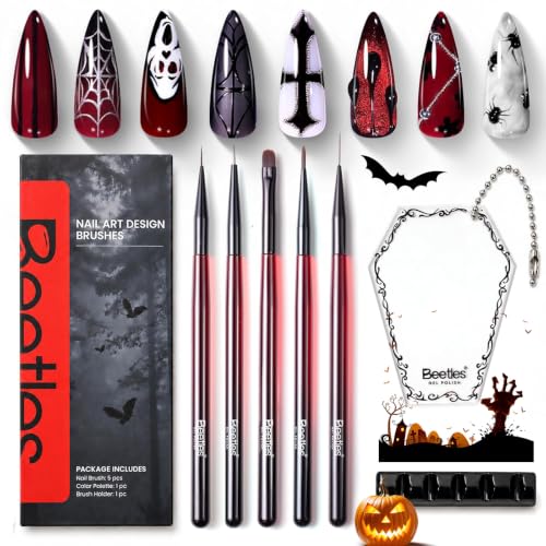 Image of Beetles Halloween Nail Art Brushes Set, 5Pcs Nail Liner Brushes, Dotting Tools,Fingernail Art Design Pens with Holder&Palette for Gel Polish, Spider Web, Blood Drip and DIY Salon Dark Romance Designs