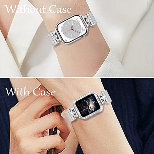 JOYOZY Magnetic Band Compatible with Apple Watch Band 38mm 40mm 41mm 42mm 44mm 45mm 46mm Milanese Strap with Bling Glitter Case Built-in Screen Protector Dressy Stainless Steel iWatch Loop for Women
