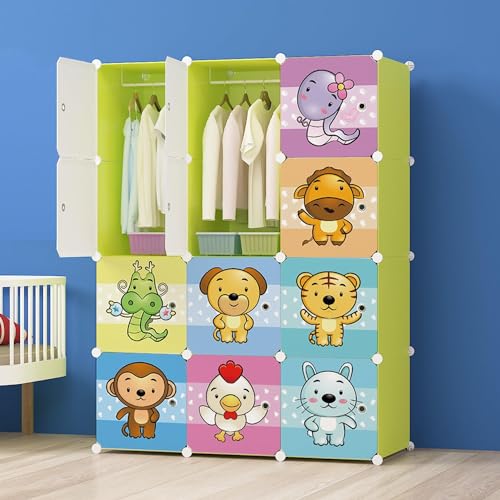 Image of AYSIS Almirah for Clothes, Plastic Soft Sheet Collapsible Wardrobe for Kids Toys /Books, Baby Cupboard Storage in Bedroom Nursery, Cartoon (Green, 12-Shelf-12-Door)