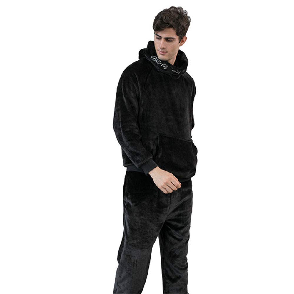 Flanellpyjama Für Herren,Mode Winter Warme Herren Lose Pyjamas Zweiteilige Flanell Haus Tragen Lässige Kapuze Einfache Schwarze Verdickung Plus Samt Elegante Party Bequemen Schlaf
