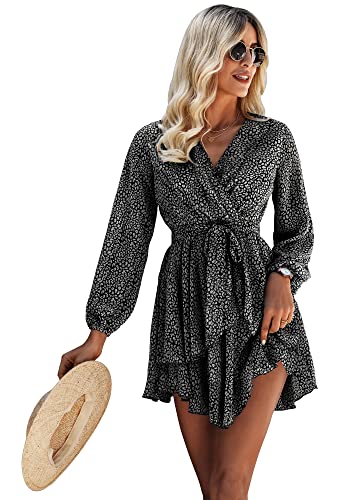 Ajpguot Vestido de verano para mujer con cuello en V profundo, manga larga, con cinturón, estampado floral, volantes, vestido de playa de cintura alta, vestido de gasa, informal, Negro , M