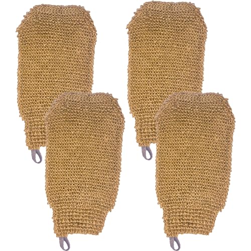 Bleu Bath (4 Pack) Natural Exfoliating Hemp Bath Mitt Shower Gloves Loofah Washcloth Sponge Machine Washable Body Scrubber (ROUGHER Hemp)