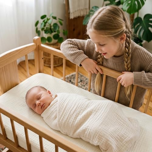 Image of Muslin Bassinet Sheets 2 Pack, Soft Breathable Fitted Sheets for Bedside Sleeper Bassinet, 33x20 Inch, Snug Fit Baby Bassinet Mattress Cover for Newborn Boys Girls (Gentle Colors)