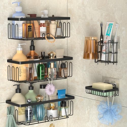 STEUGO Adhesive Shower Shelf, 5 Pack Shower Caddy with Soap Holder and