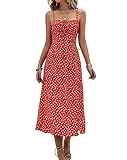 Floerns Women's Summer Split Thigh Spaghetti Strap Cami Midi Floral Dress Red Flower M