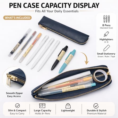 Image of Faux Leather Pencil Case Small Pencil Pouch Slim Pen Case Holder Zipper Bag for School Office(Navy Blue)