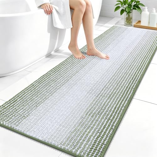 Image of OLANLY Bathroom Runner Rugs 59x24, Extra Soft Absorbent Chenille Striped Bath Rugs, Rubber Backing, Machine Wash Dry, Long Bath Mats for Bathroom, Tub, Shower, Home Decor Accessories, Sage Green