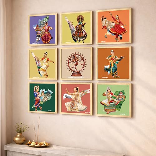 Image of Indian Classical Dance forms Wall Art Paintings with Frame For Living Room | Traditional Indian Dance Culture Framed Wall Art Paintings for Home, Set of 9, (9x9 Inch)