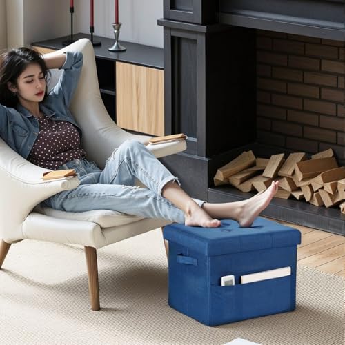 Image of Bsketa Storage Ottoman Bench,17 inch Folding Linen Foot Rest Stool,Dark Blue | Small Ottoman with Side Pockets, Thicker Foam Padded Seat, Livingroom, Dorm, Bedroom, Easy to install, 43L,17 x 13 x 13in
