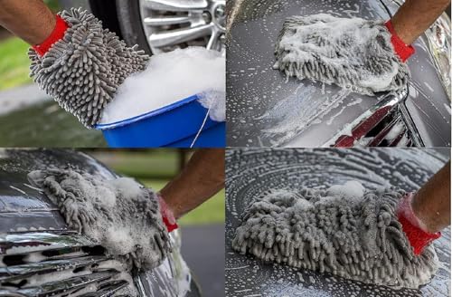 Image of Auto Hub Microfiber Car Cleaning Cloth and Wash Mitt Kit - Includes Ultra Soft 340 GSM Extra Large (40x40 CM) Microfiber Cloth for Car and Dual Sided Chenille Microfiber Wash Mitt 1700 GSM