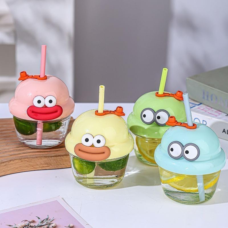 Image of 210ml Cartoon Glass Mug with Lid and Straw, Kawaii Cute Glass Coffee Mug, Bubble Tea Glass Cup, Glass Tumbler for Milk, Juice, Iced Coffee, Smoothie Home & Travel 210ml (Multicolour) 1 Pack.