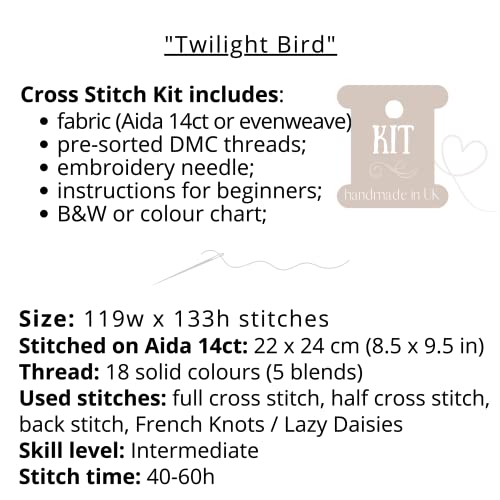 Fantasy Bird Cross Stitch Kit, Pink Purple Floral Embroidery Pattern of Moon & House in Twilight Dusk - Image 3
