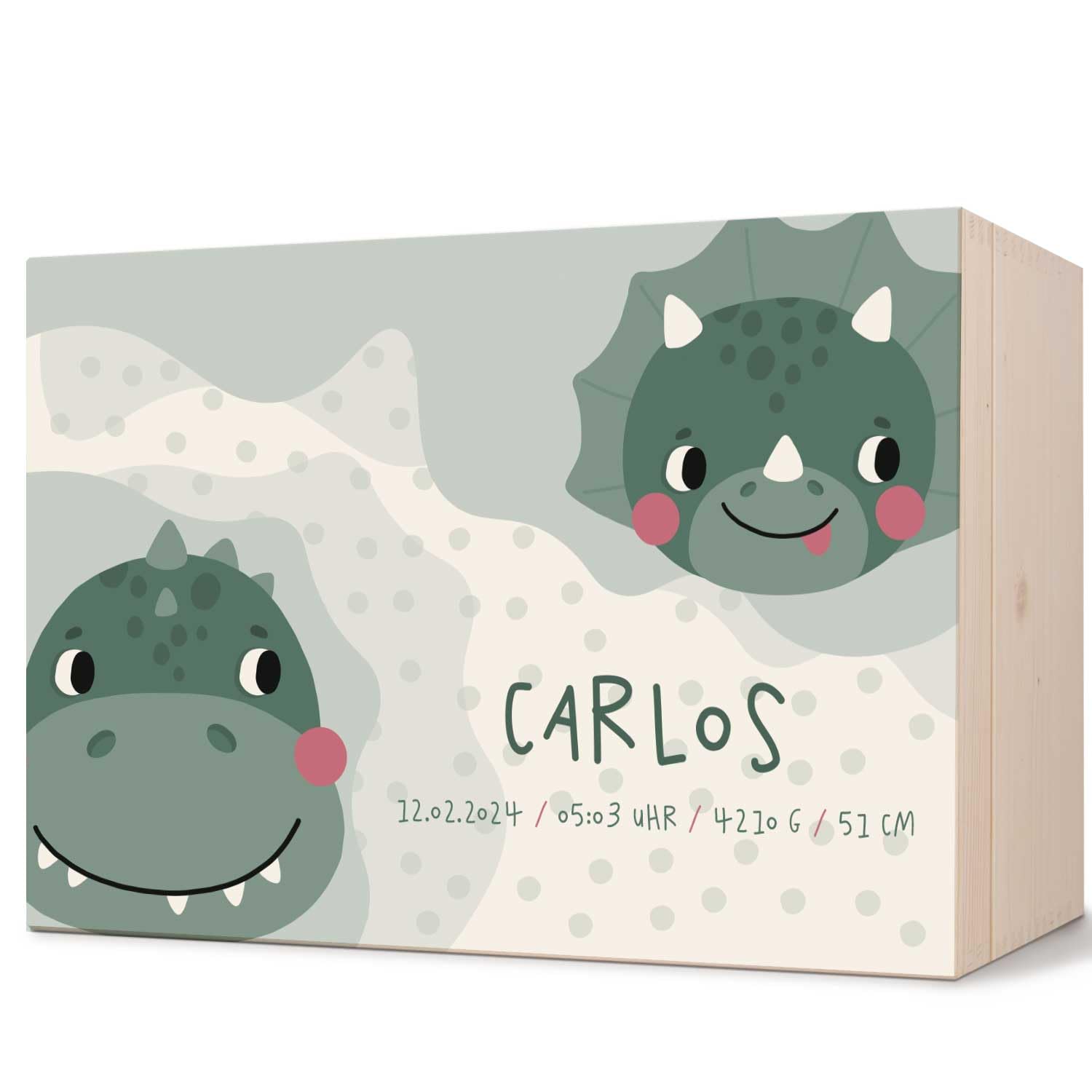 GRAVURZEILE Personalisierte Erinnerungskiste für Babys - Dino Motiv - Personalisiert mit Name & Datum - Holzkiste für Mädchen & Jungen - Geschenk fürs Baby zur Geburt - Erinnerungsbox für Neugeborene