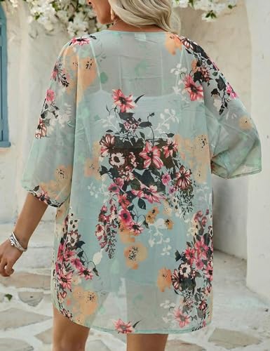 Image of Chunoy Women Floral Beach Wear Cover Up Chiffon Kimono Cardigan Open Front Blouse Top