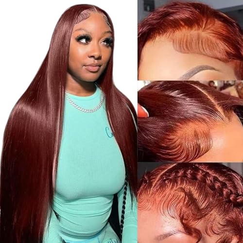 Fiumer 28inch Reddish Brown Lace Front Wigs Human Hair 13x6 Straight Lace Front Wig 180% Density Auburn Brown 33# Lace Frontal Wigs Human Hair Pre Plucked for Women