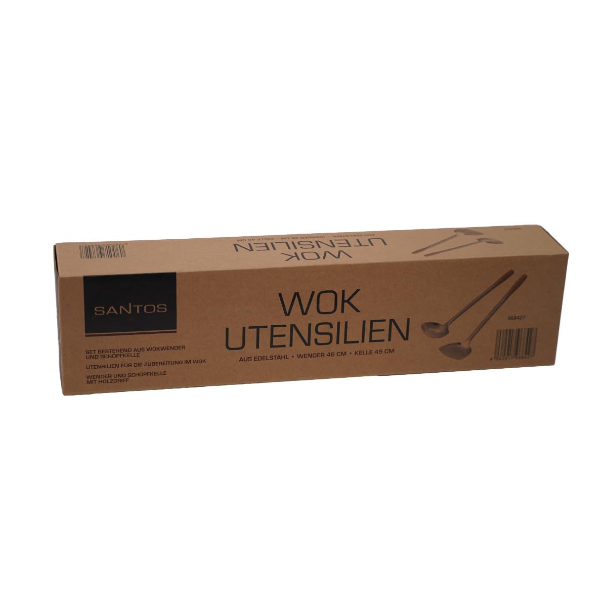 SANTOS Set wok 2 pezzi in acciaio inox – spatola wok e mestolo con manico in legno – perfetto per piatti asiatici – lunghezza circa 45 – 46 cm – robusto e durevole