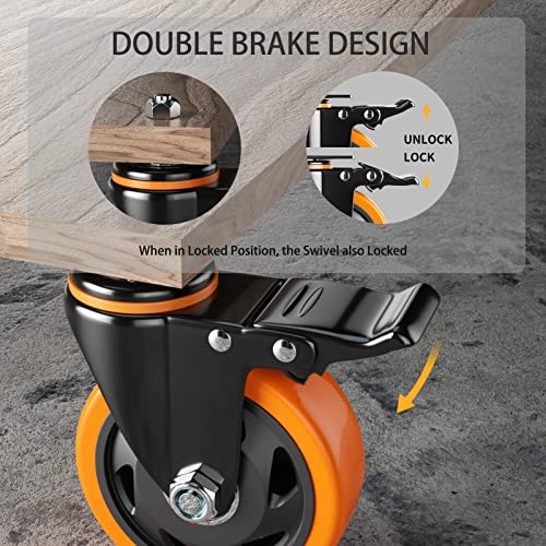 4 inch caster wheels 2200lbs threaded stem casters set of 4 heavy duty 1234-13 x 1 screw diameter 1234 stem length 134 safety dual locking industrial castors wheels for cart furniture