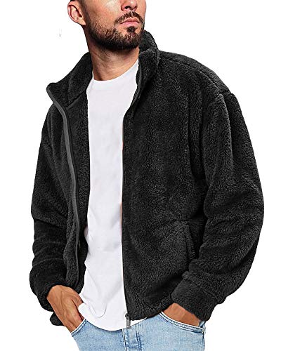 Runcati Mens Fuzzy Sherpa Jacket Cardigan Fleece Long Sleeve Full Zip Open Front Thermal Coat Fall Winter Outwear