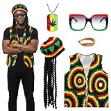 5 Stück Rasta Kostüm Set, Jamaika Reggae hippie kostüm Zubehör mit Vest Jamaican Hat Glasses Bracelet Necklace Dreadlocks Perücke for Women herren Karneval Cosplay Party Masquerade Fancy Dress