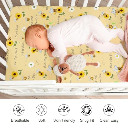 Image of Sweet Bees Honey Sunflowers Daisy Fitted Baby Crib Sheet for Girl Boy 52 inchx28 inch Bee Quote Flowers Soft Breathable Crib Mattres Cover Bees Baby Bed Sheets for Standard Crib and Toddler Mattresses