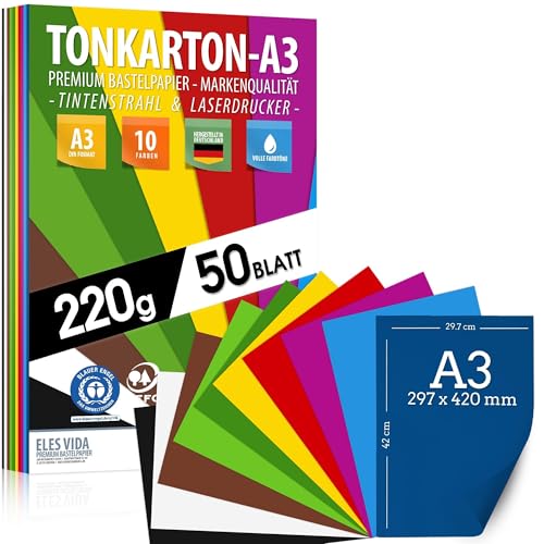 50 Blatt Buntpapier TONKARTON DIN A3 – 220 g Set 10 Farben...