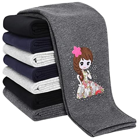 techcity Girls Winter Warm Thick Leggings Fleece Lined Tights Pants 3-13 Years, Dark Grey-embroidery Girl, 5-6 Years Cover