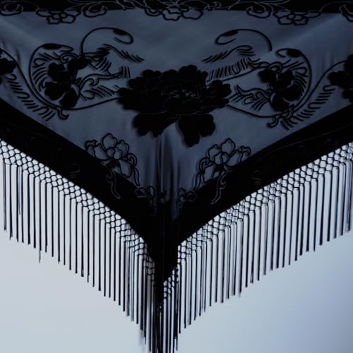 Silk Base Burn-out Velvet Triangle Scarf, with 8" Tassel on two sides, Flora pattern, All Black2