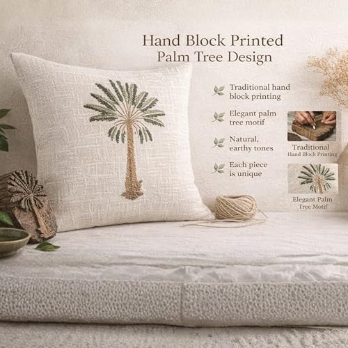 Image of Premium Palm Tree Cotton Jute Square 16x16 Inch Cushion Cover 40x40 cm Throw Pillow Cover for Living Room Couch Diwan Sofa, Beige (Set of 1)