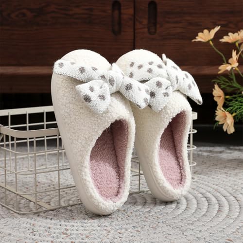 Plush Bow Slippers for Women Memory Foam Cute Plush Fluffy Warm Fur slippers Indoor Outdoor Non-Slip House Shoes3