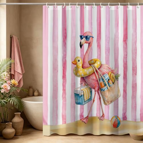 DLRIUAZEP Funny Flamingo Shower Curtain Pink and White Striped Beach Theme Bathroom Decor Waterproof Fabric Shower Curtains Sets with 12 Hooks 72x72 Inch