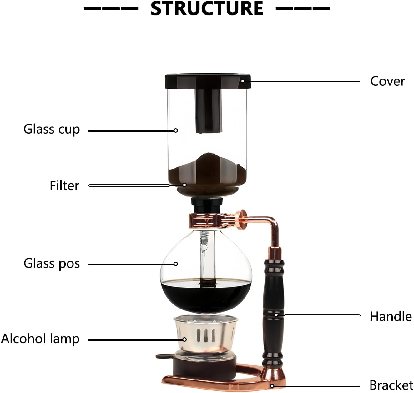 Portable Siphon Coffee Maker, Tabletop Glass Siphon Coffee Pot 5-Cup (600ml) with Alcohol Burner, Adjustable Buffer Clamp, Stainless Steel Bracket Base for Coffee Aficionados