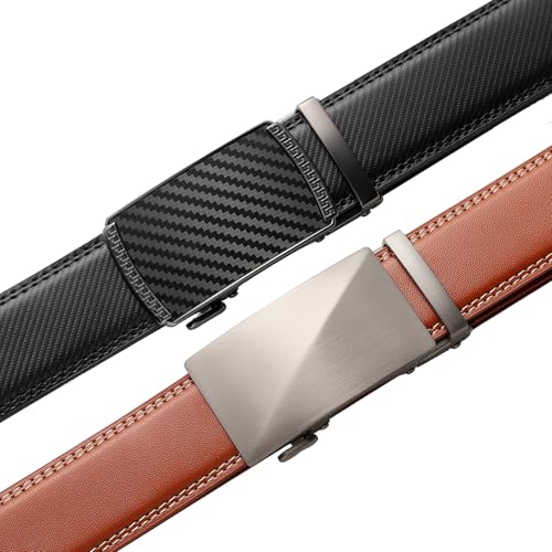 Image of Founders & C Mens Belt 2 Pack,Leather Ratchet Click Belt Dress with Slide Buckle 1 3 /8 inch in Gift Set Box- Size Adjustable