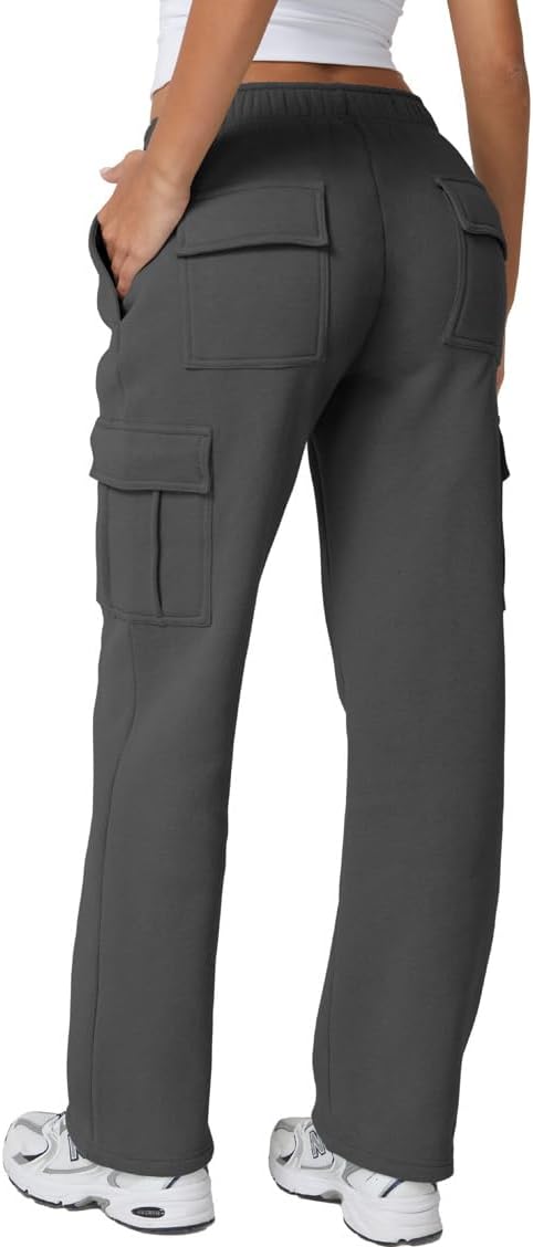 QINSEN Baggy Medium Waist Elastic Sweatpants for Womens Casual Long Fleece Cargo Pants with Pockets
