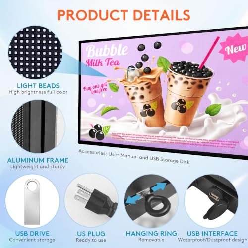 Image of P4 Outdoor LED Sign 65 inch x 34 inch Programmable Scrolling Message Board, IP65 Waterproof Full Color Digital Signage Display with WiFi & USB Control, High Brightness LED Screen for Business Store Advertise