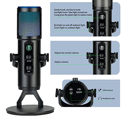 LI Micrófono de condensador USB Micrófono cardioide con RGB Colorf Ligh Auriculares silenciosos de u