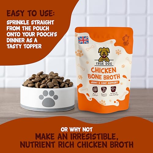 True Dog Chicken Bone Broth Powder 250g | 100% Pure Chicken Protein Powder for Cats & Dogs | Joint, Digestion & Gut support | Makes 8ltrs | 80 Servings | High in Collagen - 4
