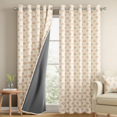 Image of Wakefit Printed Blackout Long Door Curtains 9 Feet | Set of 1 | Upto 99% Room Darkening | Double Layered Fabric | Thermal Insulated & Noise Reducing Curtains for Living Room| Petaltip Beige