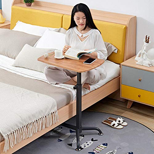 Kohlenstoffstahl Computertische Günstig mit Eichenholzplatte,Höhenverstellbar, Abschließbare Rollen,Betttisch Auf Rollen für