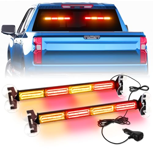 LRTER 2 in 1 LED Emergency Strobe Light Bar Windshield Traffic Advisor Visor Safety Warning Hazard Flashing Lights for Firefighter Police Trucks Vehicles 2x17.7, Amber/Red