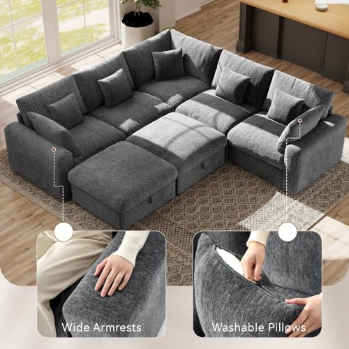 Image of Ihanherry Oversized Cloud Sectional Couches for Living Room, Modular Sectional Sofa with Wide Deep Seat, Coner Couch with Throw Pillow and Storage Ottoman, Dark Grey