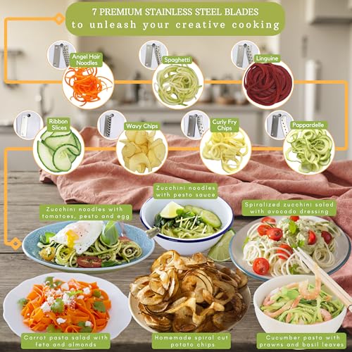 Brieftons 7-Blade Vegetable Spiralizer: Zucchini Spiral Slicer & Veggie Noodle Maker, Japanese Steel Blades, Catch Container, Strong Suction Cup, Blade Caddy, 4 eBooks | Low Carb, Vegan, Gluten-Free by Brieftons - Image 4