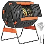 Outsunny Compost Bin Outdoor, 53 Gal Dual Chamber Compost Tumbler with 8 Adjustable Vents, BPA Free Rotating Tumbling Composter with 2 Sliding Doors and Metal Frame for Kitchen, Garden, Yard, Orange