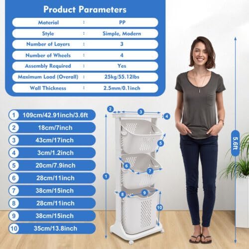 Laundry Basket Storage, 3-Layer Stackable Laundry Basket System PP Rolling Storage Cart, Multi-purpose Laundry Basket with Universal Wheel Vertical Laundry Sorter for Dirty Clothes Basket