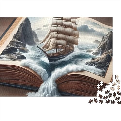 Puzzle da 1000 pezzi 'Nave a vela fantasy' con nave in un libro aperto. Per adulti dai 12 anni in su. Gioco educativo, bellissima decorazione, difficile. 70x50 cm