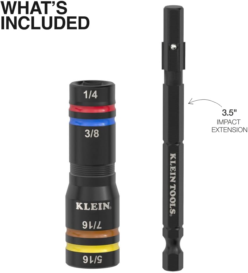 Klein Tools 651QS Quad Socket, 4 Sizes in 1 Socket, 4-in-1 Color Coded SAE Impact Rated, Heavy Duty, 1/4-Inch Drive, 3-1/2-Inch Shaft