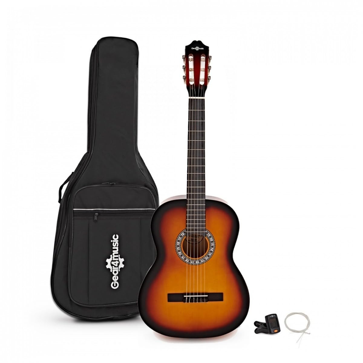 Pacchetto chitarra classica, Sunburst, Gear4music | Include Custodia, Accordatore e Corde, Corpo in Laminato Durevole Resiste alla Pratica e al Jeu, Tono Ricco