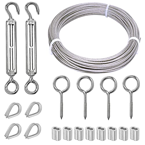 Kit de cable de acero inoxidable 304 de 20 m con tensor M5 tipo gancho y ojo, manguitos para cables y ojales de prensión